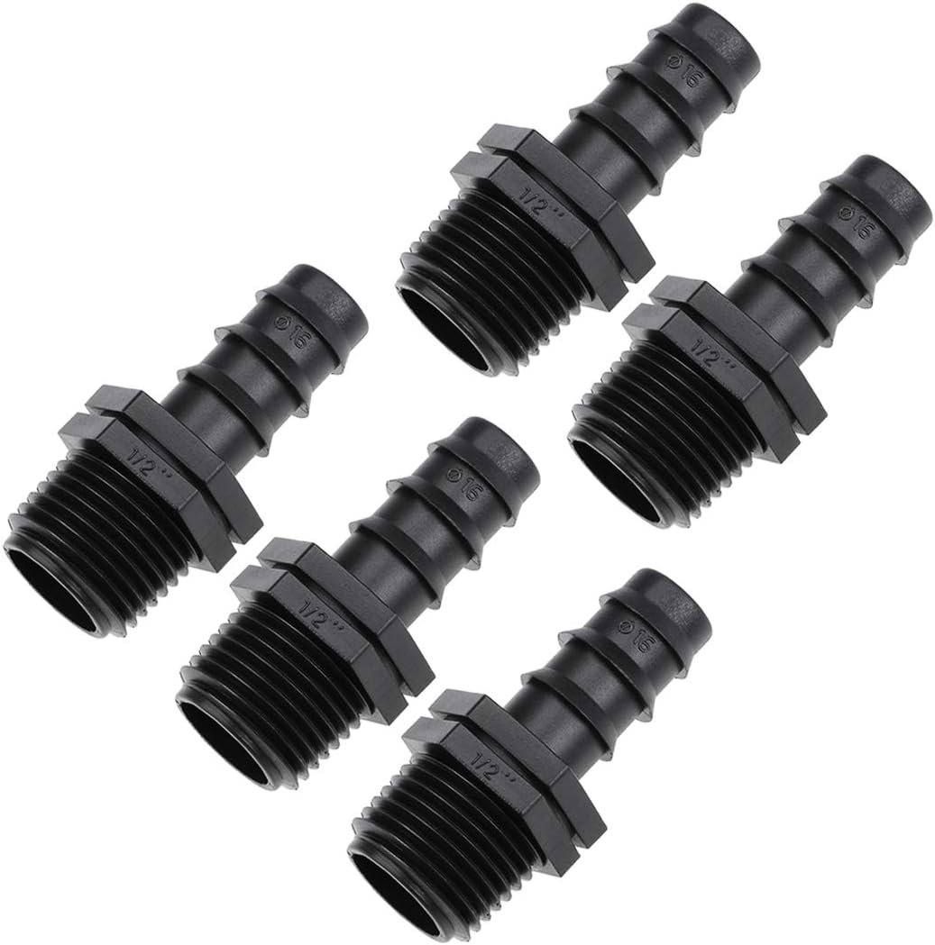 sourcing map Barb Drip Pipe Connector 1/2 BSPT Male Thread 16PE Hose Fitting for Garden Agricultural Irrigation System Plastic 5pcs