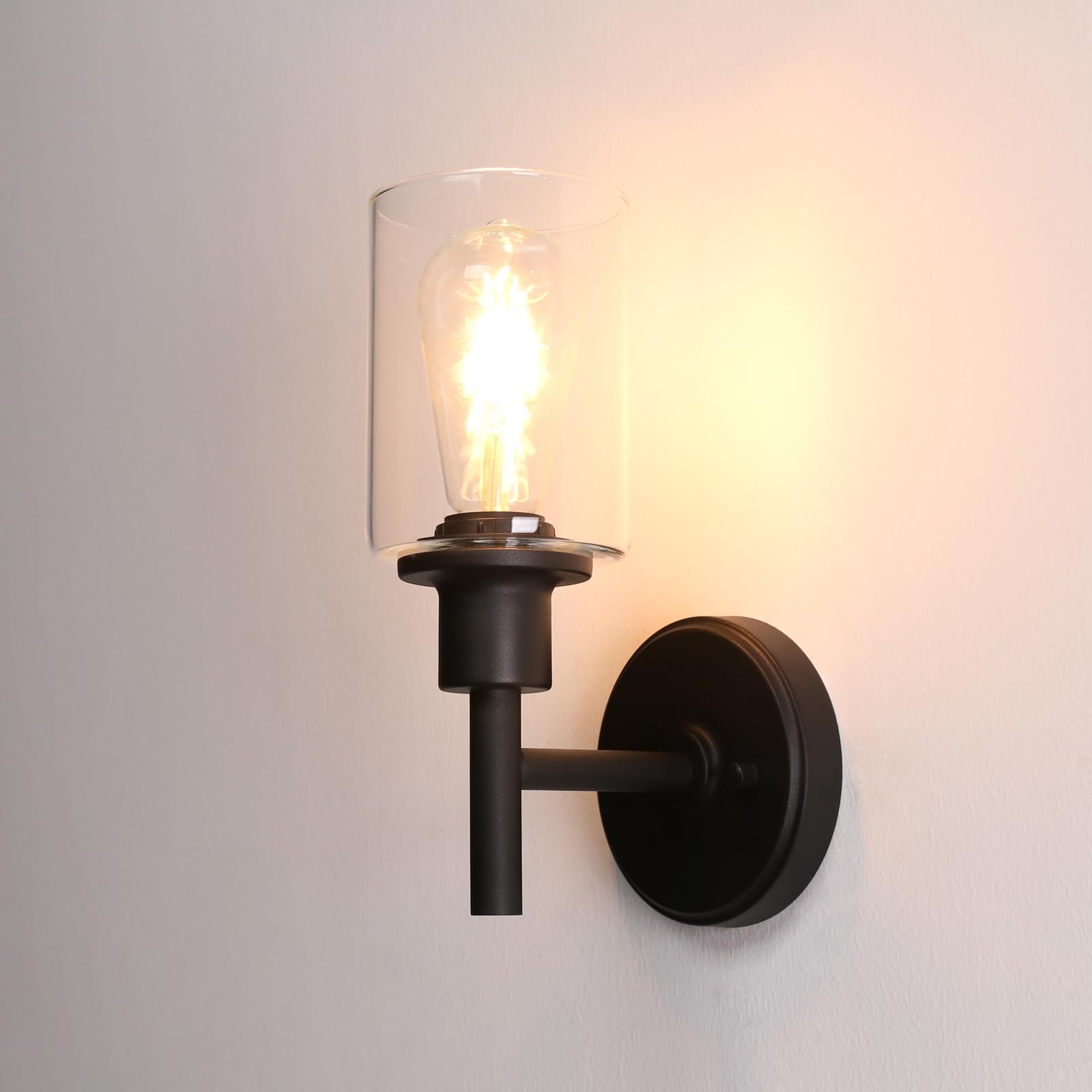 Phansthy Retro Style Wall Lights Industrial Cylindrical Glass Lampshade Single Head Vintage Wall Sconces Indoor Light for Loft Bar Kitchen Lamp Bedroom Vanity Mirror E27 (Black)