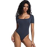 Bolsamila Short Sleeve Bodysuit for Women Double Lined Sexy Thong Square Neck Bodysuit Slim Fit Going Out
