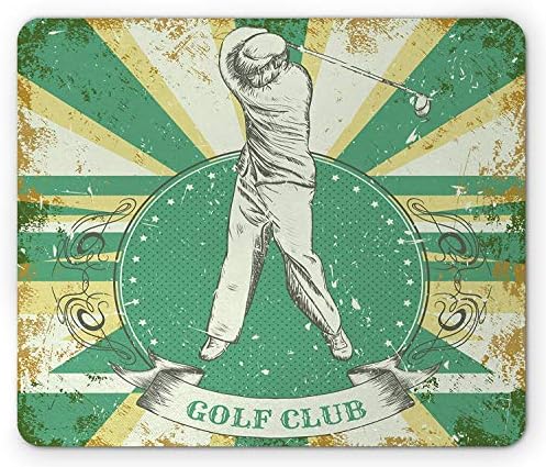 Vintage Mouse Pad, Retro Poster Print Man Playing Golf Golf Club Quote on Grunge Background, Standard Size Rectangle Non-Slip Rubber Mousepad, Green Yellow Beige