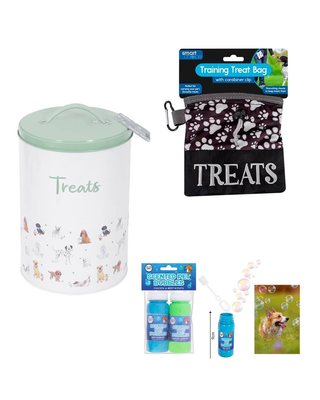 Pet Treat Bundle Set: Treat Storage Tin, Training Treat Bag & Scented Bubbles for play - Perfect for Dogs!