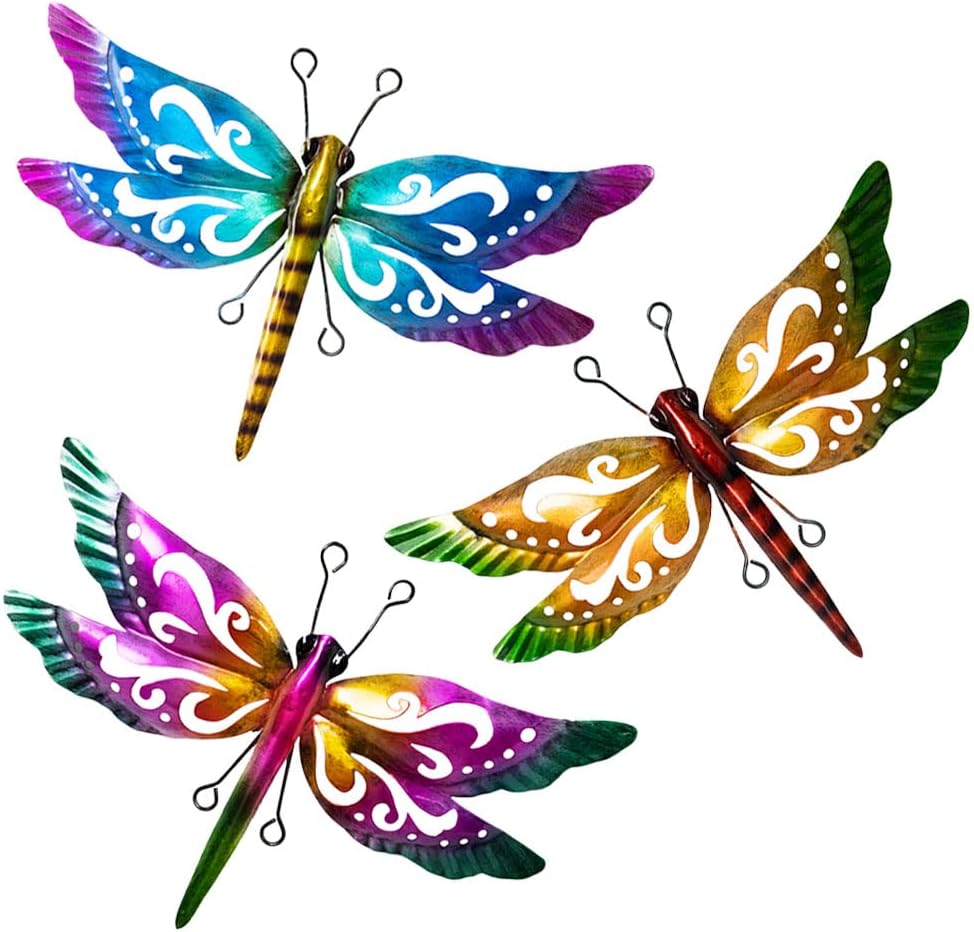 Plaques & Wall Art - dreamskip Dragonfly Garden Decor, 3 Pack Colorful Metal Dragonfly Wall Decor, Outdoor Decor Art for Patio, Yard, Fence, Garden, Outside, Backyard, Balcony