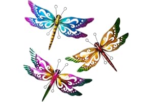 dreamskip Dragonfly Garden Decor, 3 Pack Colorful Metal Dragonfly Wall Decor, Outdoor Decor Art for Patio, Yard, Fence, Garden, Outside, Backyard, Balcony