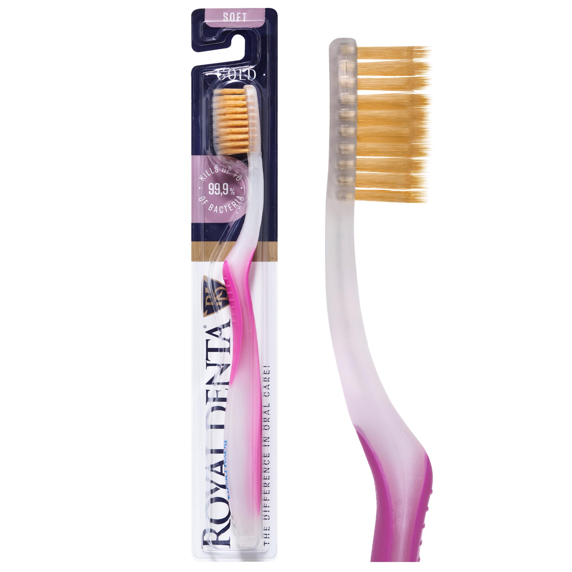 Royal Denta Soft Toothbrush for Adults, Dual Length Soft Bristles for Sensitive Teeth & Gums, Gold Infused Manual Toothbrush for Whitening, Flossing and Braces, Ergonomic Grip Handle (Pink)