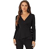 Allegra K Dressy Casual Wrap Peplum Tops for Women's Elegant V Neck Long Sleeves Tie Waist Knit Blouse