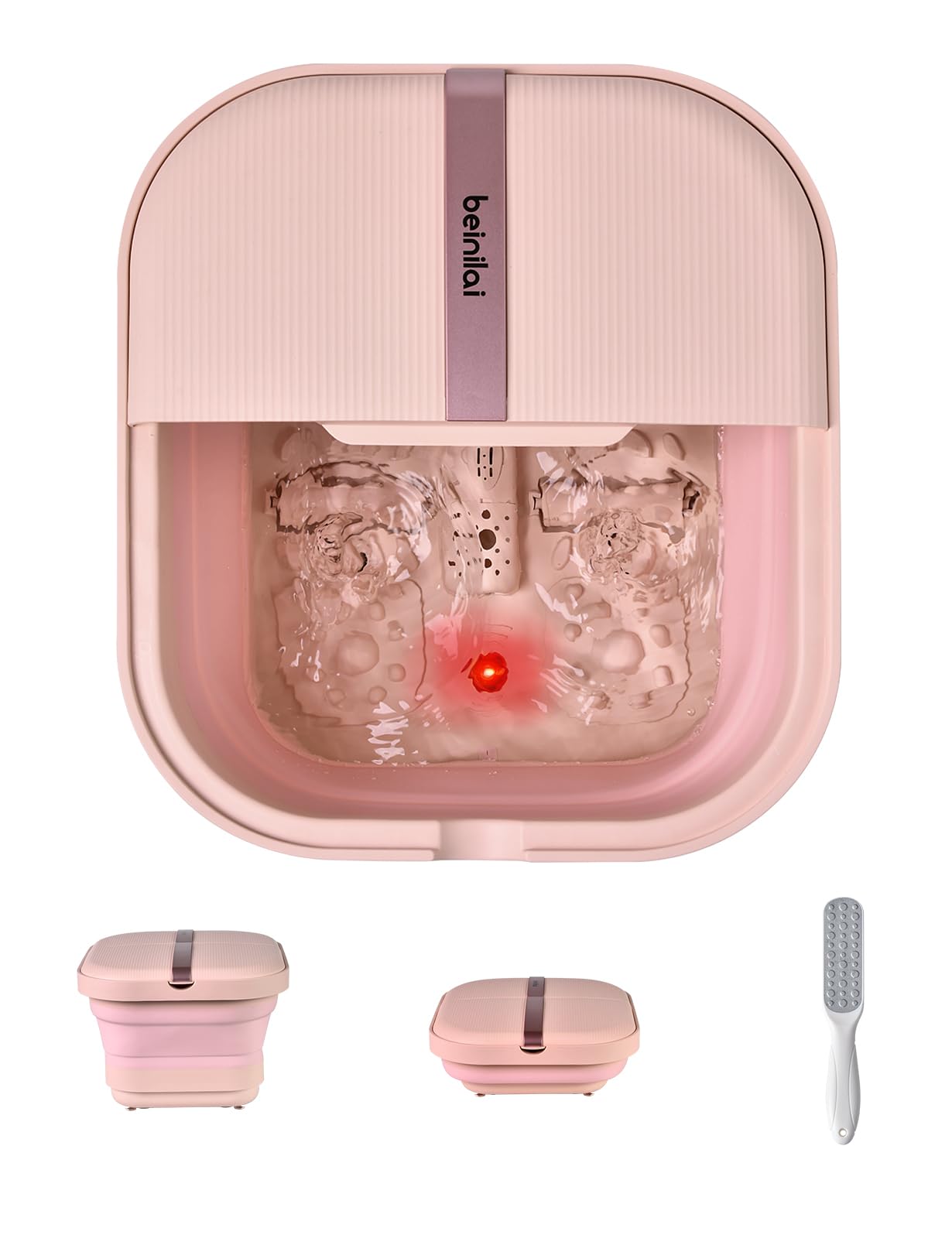 Beinilai Foot Bath Spa with Heat, Bubble Massage and Vibration,Collapsible Foot Soak Tub,2 Feet Rollers, Acupressure Massage Points, Red Light and Foot Scrubber, Pedicure Foot Spa for Women(Pink)