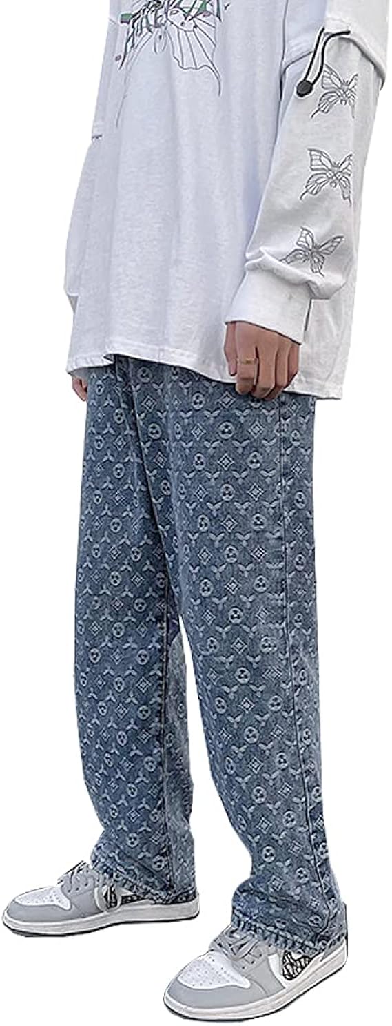 Amazon Vyoou デニムパンツ メンズ ロングパンツ ジーパン ストレート ズボン ワイドパンツ ゆったり おしゃれ プリント ダメージ加工 ヒップホップ ストリート 春 夏 秋 冬 オールシーズン 水色 ブルー ジーンズ 通販