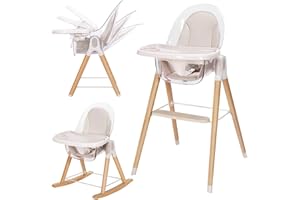 TINY DRENY Baby High Chair, 7-in-1 Convertible Wooden Rocking Recline Chair with Adjustable Hardwood Leg for Babies and Toddlers, Double Dishwasher Safe Tray & Premium Leatherette
