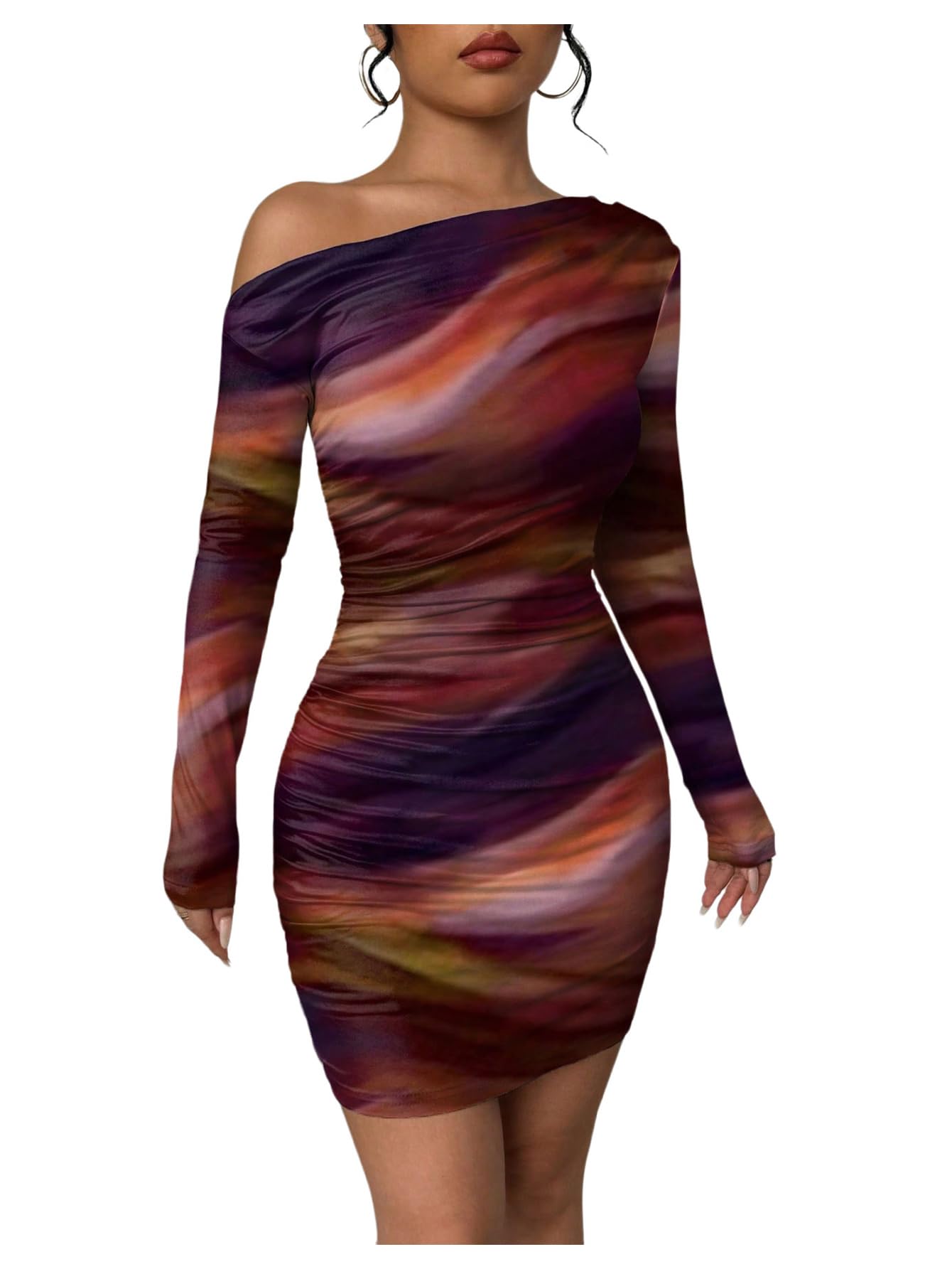 Photo 1 of RoseSeek Women's Off Shoulder Ombre Tie Dye Bodycon Dress Long Sleeve Slim Fit Pencil Mini Dresses Orange Large