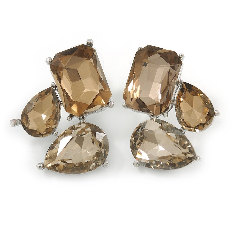 Geometric Faceted Light Grey/Champagne Glass Stone Stud Earrings/Silver Tone/ 37mm L