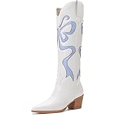 Cowgirl Boots - Womens Cowboy Boots with Colorful Bows Embroidered Western White Knee-High Boots Fashion Pull On Almond Toe Chunky Heel Country Tall Boots