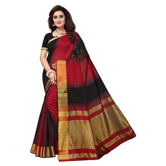 Women's Bhagalpuri Cotton Blend Printed Saree With Blouse Piece (Black Red Maniyar_Black)