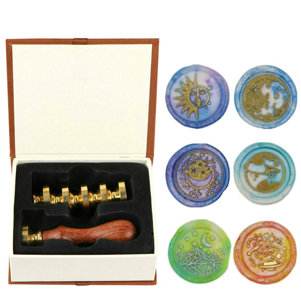 Wax Seal Stamp Set, ANBOSE Moon Star Sun Wax Seal Stamp Kit including 6 Pieces Sealing Wax Stamps Copper Seals + 1 Wooden Hilt, Gift Sealing Wax Stamp Kit for Letter Cards Invitations