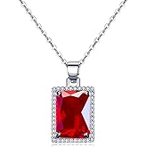 VONSSY Rectangle Gemstone Pendant Necklace | Ruby Crystal & Created-Emerald Birthstone Necklace | 18K Platinum Gold Plated Chain | Meaningful Jewelry Gift for Mother Daughter Girlfriend