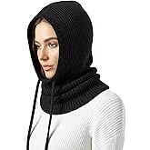 Dresyu Hooded Scarf Balaclava for Women Men, Winter Knit Neck Warmer Hood Hat with Drawstring, Windproof Skull Cap Snood
