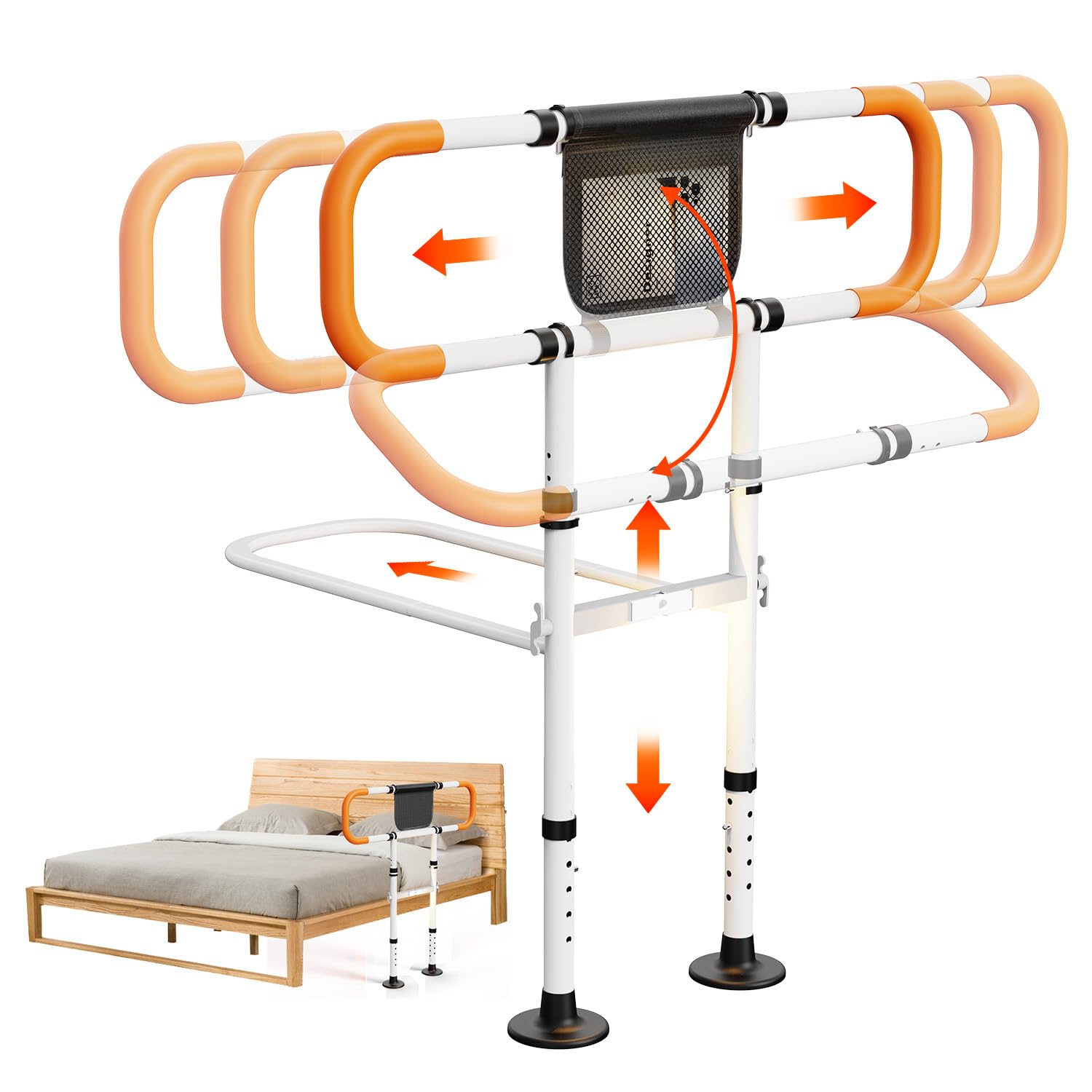 Photo 1 of Zelvia Bed Rails for Elderly Adults Safety with Motion Light & Storage Pouch - Retractable & Foldable Bed Handrails Assist Bedrails for Seniors, Surgery Patients & Handicap-White&Orange