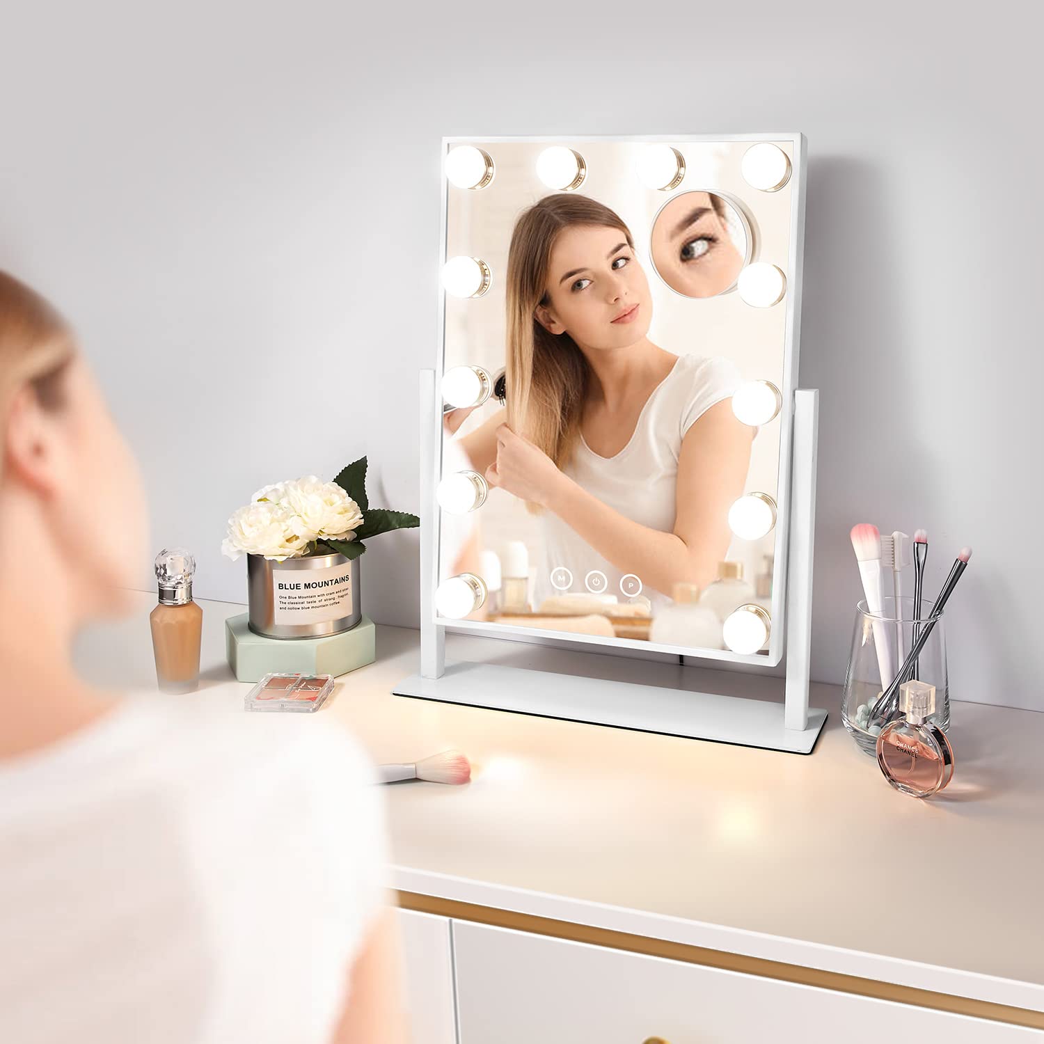 Vanity Makeup Mirror with Lights,3 Color Lighting Modes Detachable 10X Magnification Mirror Touch Control,360°Rotation, White (14.6Inch)