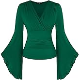 Scarlet Darkness Renaissance Shirt Women V Neck Long Bell Sleeve Wrap Casual Ruched Top