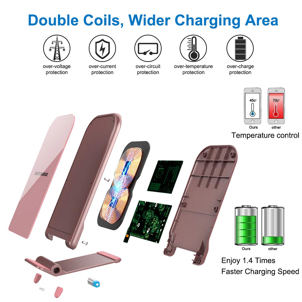 KZY Fast Wireless Charger Stand, QI Certified Wireless Charger Compatible for iPhone X/8/8+,Folding Wireless Stand Charger for Galaxy S9/S9+ S8/S8+ Edge, Rose Golden (with QC 3.0 AC Adapter)