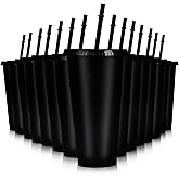 Hxezoc 16-Piece Reusable Cups with Lids and Straws, 24 oz Glitter Plastic Tumbler Iced Coffee Cups Travel Mug Cup for Smoothie Juices Beach or Bachelor Party (Black)