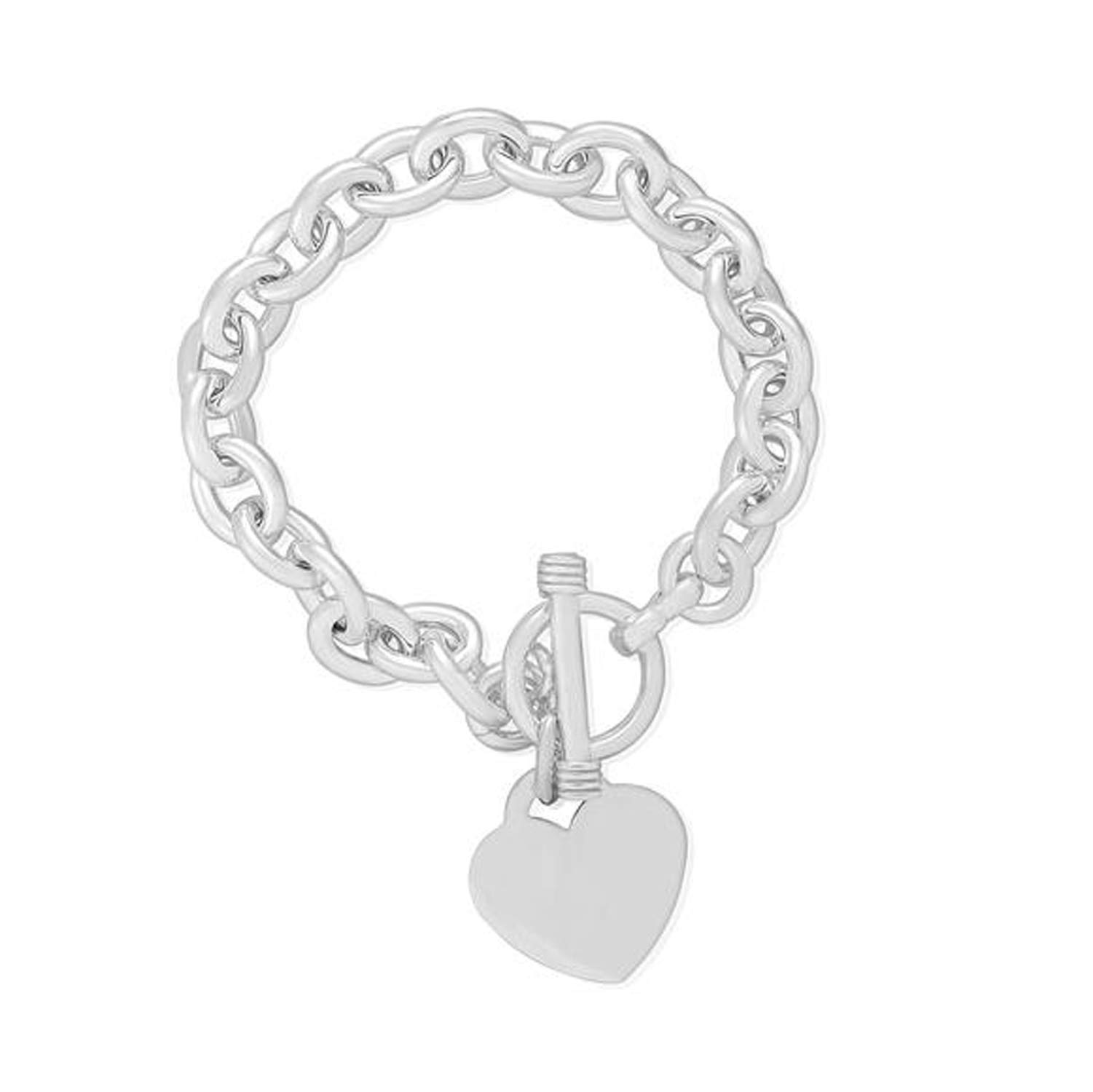 Designer Inspirations Boutique Oval (Large) Link Charm Bracelet With Heart Tag & Toggle Clasp - 925 Sterling Silver - 8 Inch