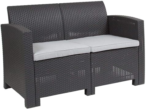 Amazon Com Flash Furniture Dark Gray Faux Rattan Loveseat With All Weather Light Gray Cushions Furniture Decor