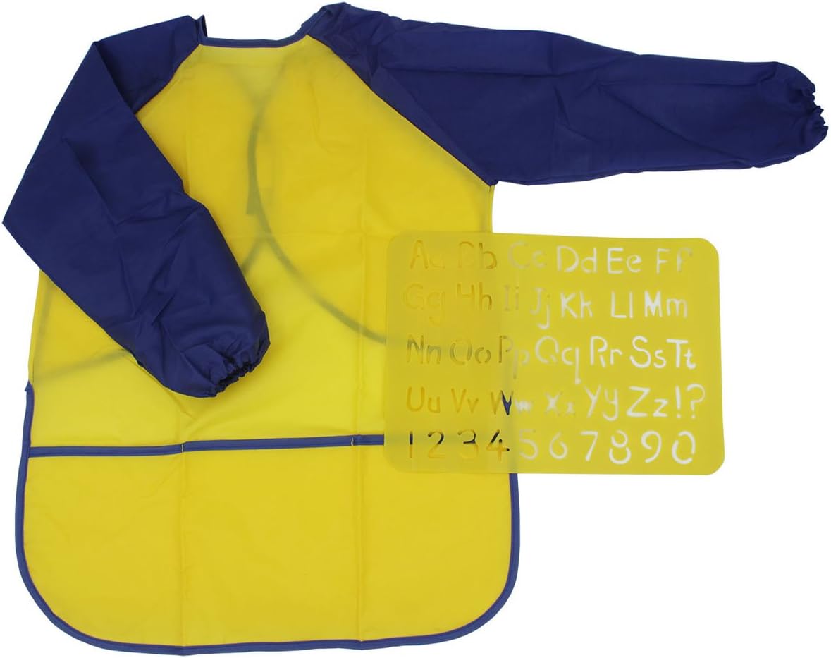 Qntry Kids Painting Art Aprons Smock Children Artist Waterproof Long Sleeves 3 Roomy Pockets and Plastic Letter Number Stencils Craft (Ages 3-6) for School Classroom Home and Kitchen(Yellow)