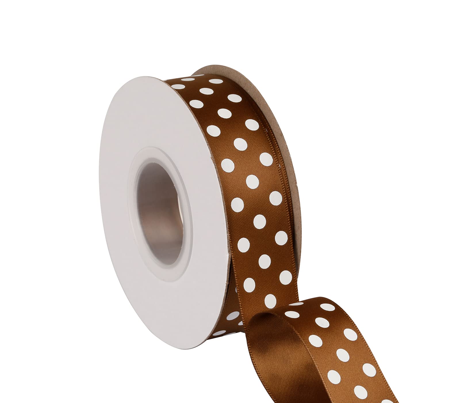 Joycrosso 25mm Wide Dots Printed Satin Ribbon with White Dots, Ideal for Hair Bows Gift Wrapping and Crart, 22 Meter-Roll (Bronze)