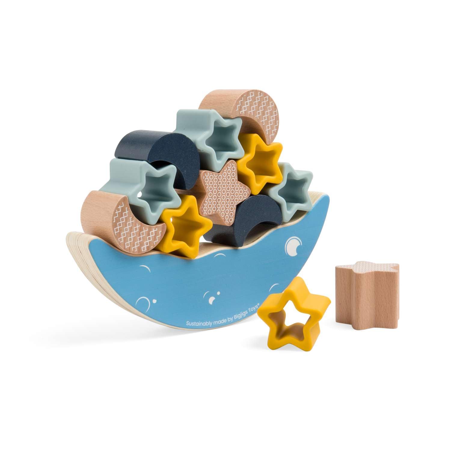 Bigjigs Toys Moon Balance Stacker - 9 Piece Moon & Stars Wooden Stacking Toy, Kids Balancing Games, Made From Eco-Friendly Wood & Silicone, Baby Toddler Montessori Toys, Gifts For 1 2 3 Year Old