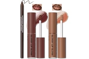 HOSAILY 2 Colors Nourishing Lip Gloss Hydration Non-Sticky Plumping Lip Kit for Women, Natural Nude Tinted Lip Glow Oil Moisturizing Lightweight Long Wear Shiny Liquid Lipstick with Lip Liner Combo