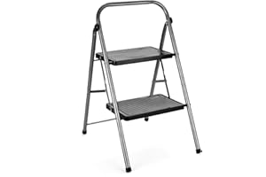 Delxo 2 Step Stool Folding Step Ladder Two Stepstool with Handrails,Heavy Duty Sturdy Small Compact Ladder Portable Anti-Slip Safety Kitchen Stepladder Metal 2ft Folding Step Stools for Adults (Grey)