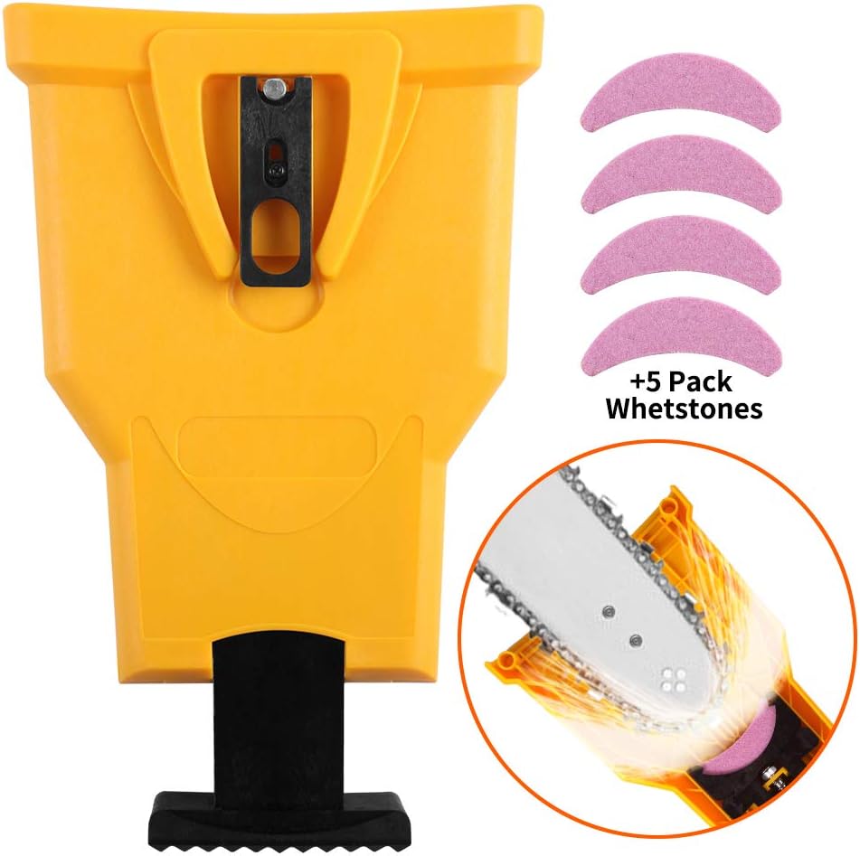AULASISY Chainsaw Sharpener Universal Chain Saw Blade Teeth Sharpener Fast Sharpening Stone Grinder Tools Bar Mounted with Total 5 Whetston, Fit 14 16 18 20 Inches Two Holes Chain Saw Bar (Yellow): Garden & Outdoor
