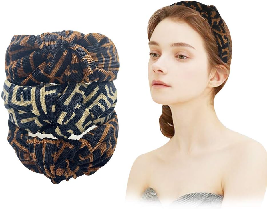 Trycooling 3pcs Designer FF Print Headband Women Classical Cross Knot Hairbands Flexible Wide Hard Hairband Soft Comfortable