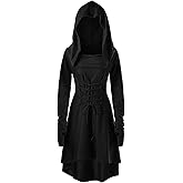 FSVABY Womens Renaissance Vintage Hooded Costume Dress Lace Up Robe High Waist Dress with Thumb Hole