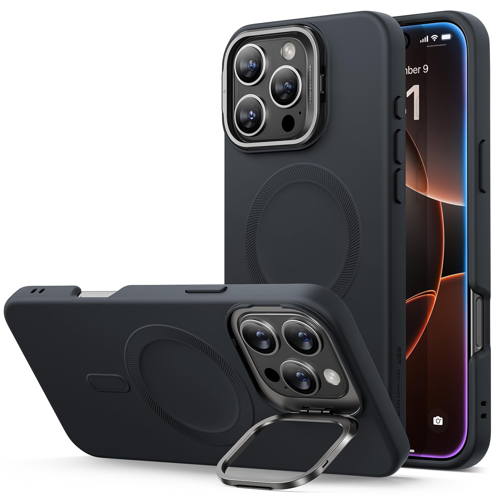 Photo 1 of ESR for iPhone 16 Pro Case, Silicone Case with Stand, Compatible with MagSafe, Military-Grade Protection, Built-in Camera Stash Stand, Magnetic Phone Case for iPhone 16 Pro, Cloud Series, Black