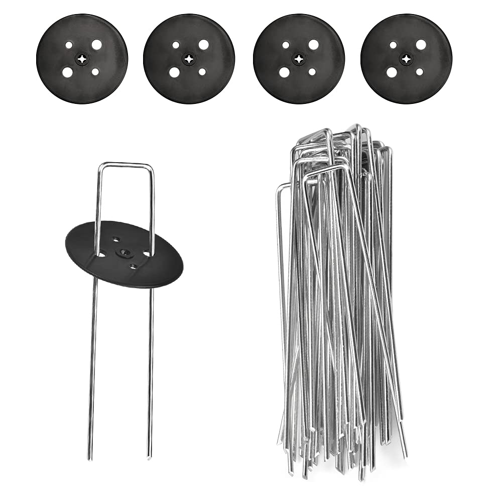 CODIRATO Garden Staples Galvanized Garden Pegs Silver Weed Barrier Stakes Sharply Landscape Staples U Pins for Securing Weed Membrane, Fabric, Ground Sheeting,etc (50 Garden Pegs/50Buffer Washer)