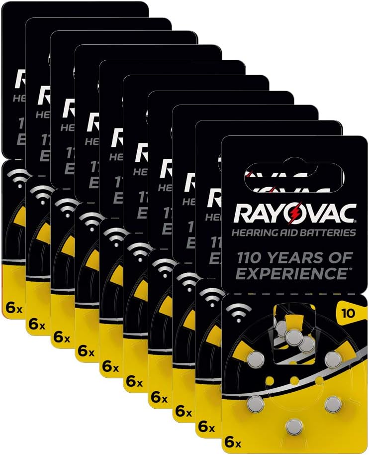 Rayovac Acoustic Zinc Air Hearing Aid Batteries, Size 10 AU, Yellow Tab, Pack of 60, 6 Count (Pack of 10)