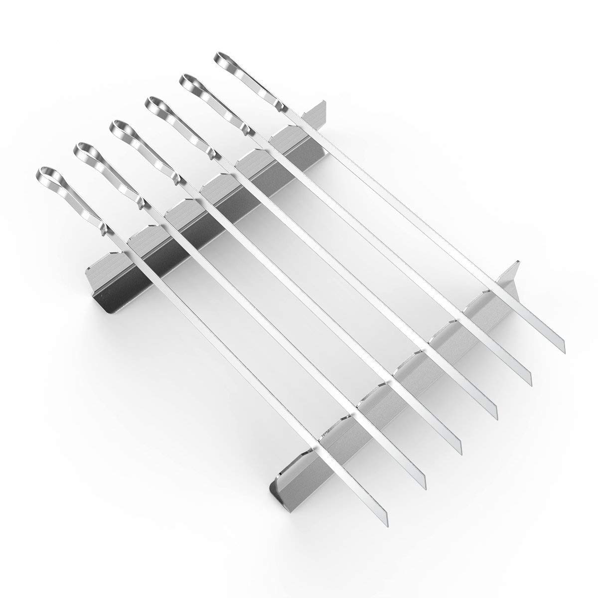 BearMoo Kebab Skewers, 17” Long Stainless Steel Reusable Flat Metal Grilling Skewer Sticks, BBQ Accessories Tools Set for Outdoor Barbecue, 6PCS with 2 Rack Holder Stands and Storage Bag