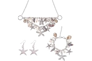 PH PandaHall 3 IN 1 Mermaid Costume Jewelry Set, Halloween Seashell Starfish Jewelry Pearl Bib Statement Chunky Mermaid Necklace Bracelet Shell Earrings Summer Mermaid Accessories for Women(Platinum)