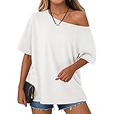 Tankaneo Womens Oversized Off The Shoulder T Shirt Cotton Short Sleeve Casual Tunic Tops Summer Loose Fit Flowy Tees