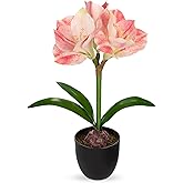 Briful Amaryllis Fake Flowers 17.3'' Tall Silk Amaryllis Plant in Black Pot Artificial Floral Arrangement with Decorative Bulb for Home Office Bathroom Kitchen Table Holiday Décor(Pink)