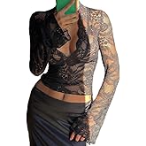 Women Sexy V Neck Long Sleeve Top Lace Low Cut Slim Fitted Going Out Top Y2k See Through Lace Shirts Streetwear