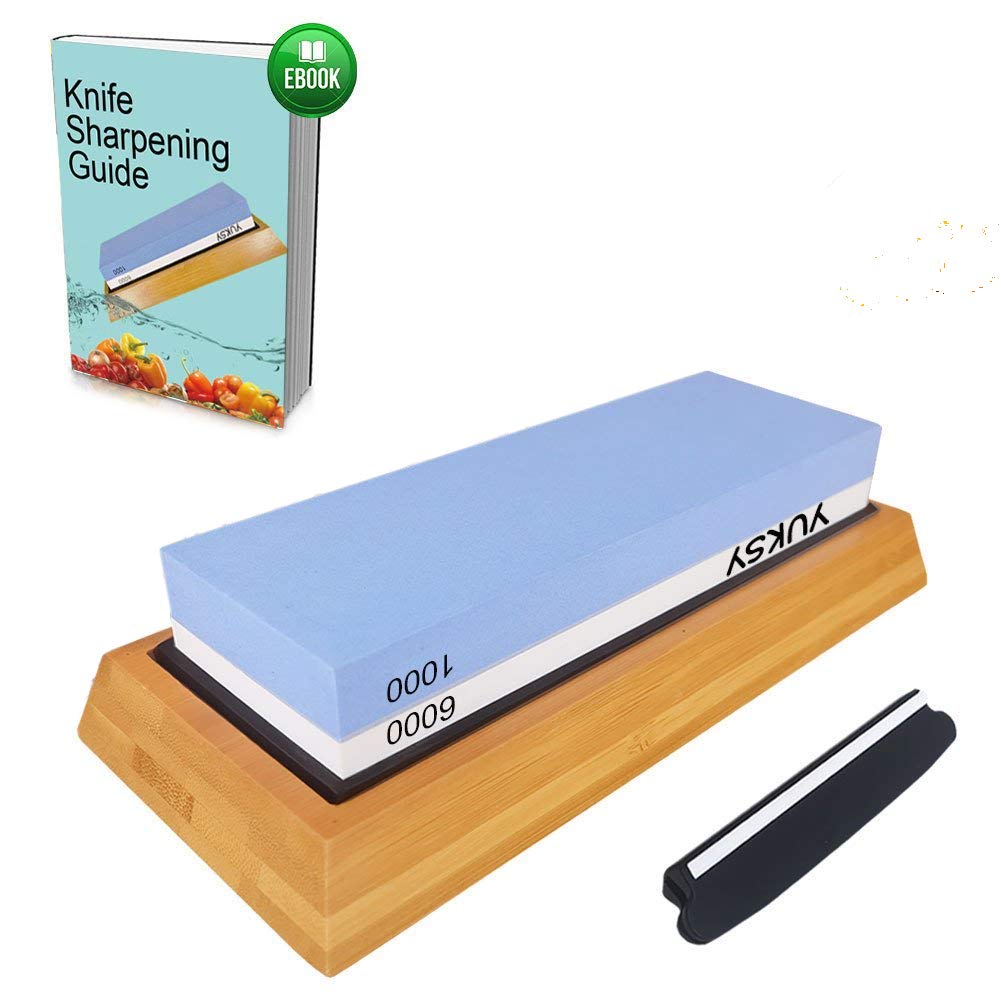 Premium Knife Sharpening Stone Kit, 2 Side 1000/6000 Grit Whetstone, Best Kitchen Blade Sharpener Stone, Non-Slip Bamboo Base & BONUS Angle Guide Included for Chef, Kitchen, Pocket Knife by YUKSY