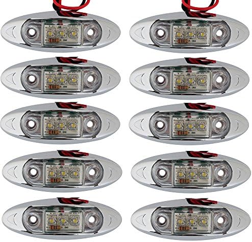 (10) White Oval 3 LED Clearance/Side Marker Light with Chrome Bezel for Trailer Truck Lorry Van Lights Lamp 12V / 24V