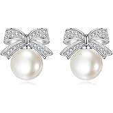 POPLYKE Rose Pearl Earrings 925 Sterling Silver Pearl Drop Dangle Leverback Earrings For Women Wedding Bridesmaids Anniversary