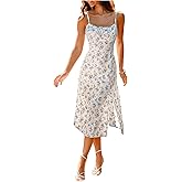 Floerns Women's Floral Print Tie Shoulder Cami Dress Ruched Bust Slit Boho Midi Dress