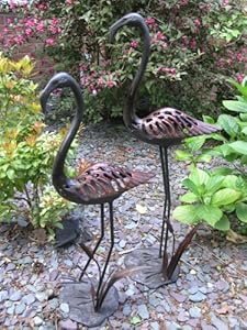 Large Garden Ornaments - Flamingos with Reeds Antique Copper Sculptures