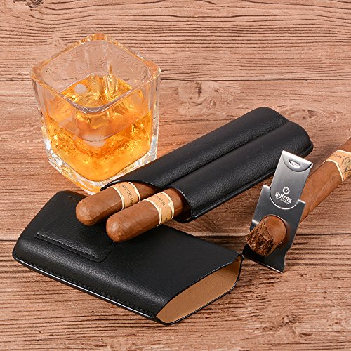 Volenx Cigar Case, 2 Cigars Black Leather Cigar Travel Case with Cutter - Thumbnail 2