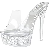 Fantoesay Women's Stiletto High Heeled Glitter Platform Sandals-Clear Sparkly 5 Inches+ Heels Sexy Slip on Shoes