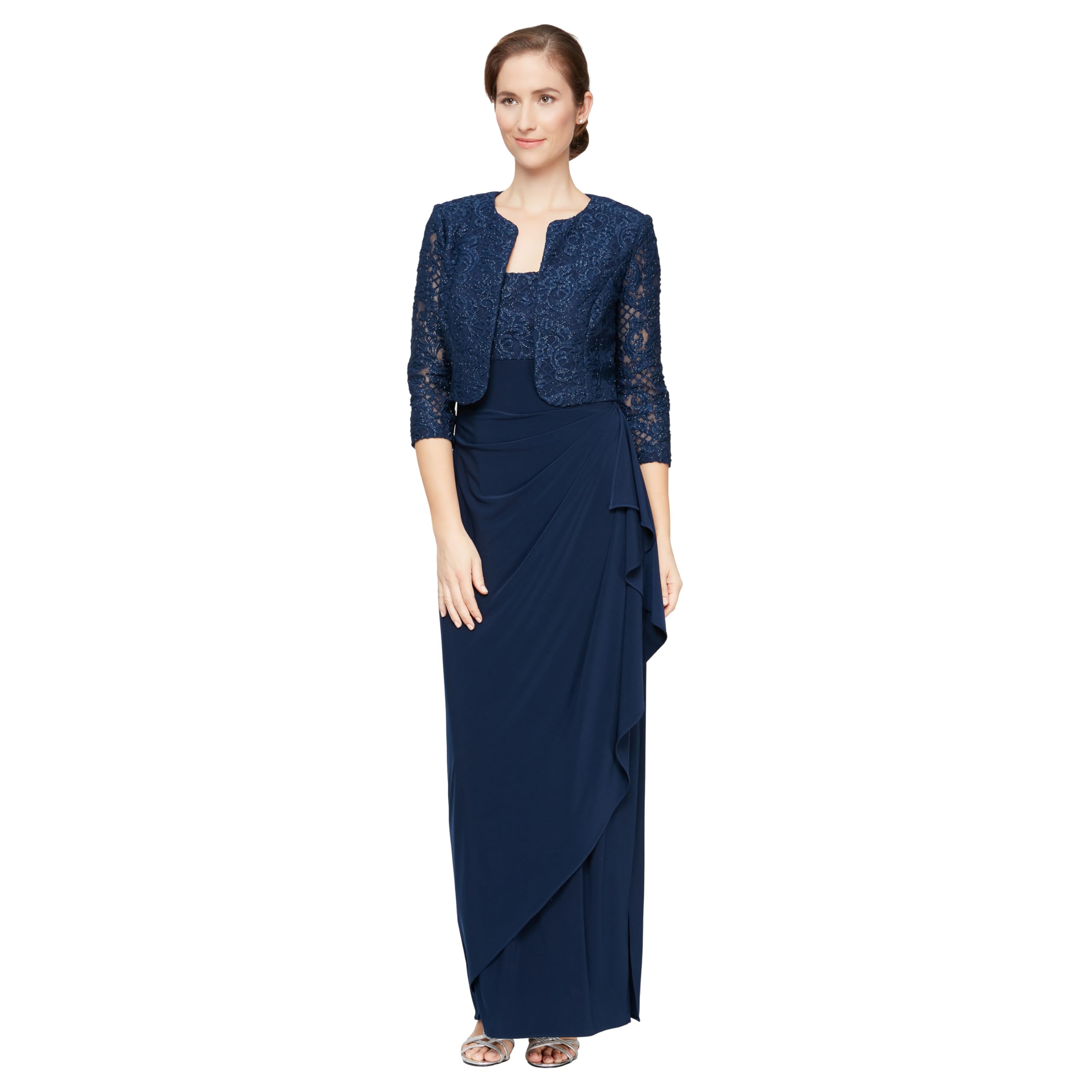 Alex Evenings womens Empire Waist Bolero Jacket (Petite and Regular Sizes) Special Occasion Dress, Navy Lace, 10 US